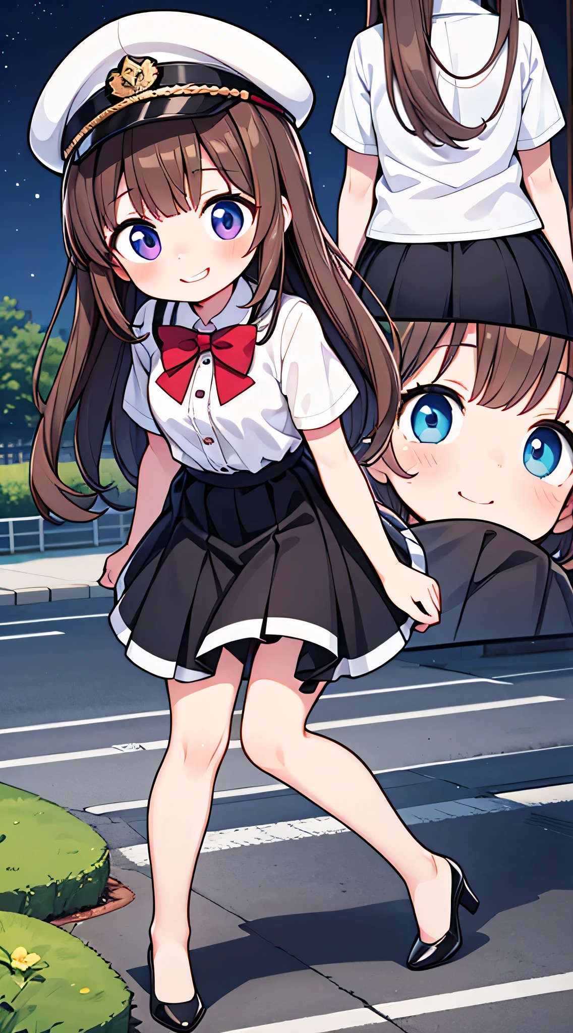 {Highest quality}, {Super beautiful},{Ultra fine},{Best illustration},Brown Hair,Hime cut,semi-long,Bangs,Standing Woman,Uniform cap,White Shirt,Short sleeve,Long black skirt,Night Park,Embarrassed,smilingly,Blushing,Slender women, A woman wearing plain black pumps,Bare feet and pumps,From an angle,From above
