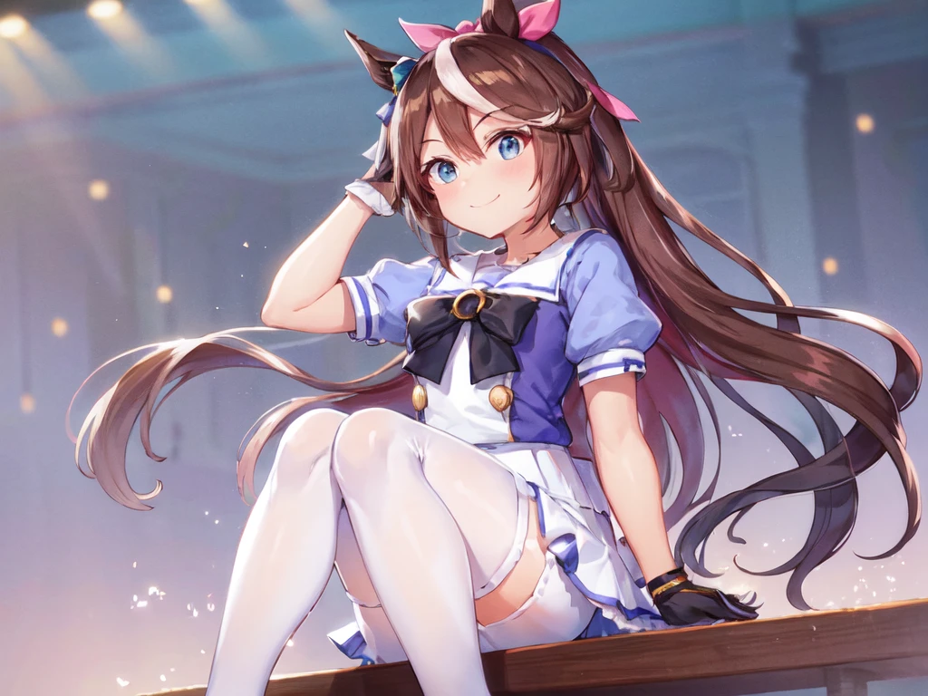 masterpiece, Highest quality, Seductive pose, Full-body wide-angle, smile, (Sitting:1.1) ,Ichiraku Ramen, (Eat ramen:1.0), Holding chopsticks and a ramen bowl, Sip the noodles,, Silence Suzuka (umamusume), Black gloves, White Skirt, Pleated skirt, Black Pantyhose, Layered sleeves, Puff short sleeves, Short or long sleeves, Black Bow, festival,