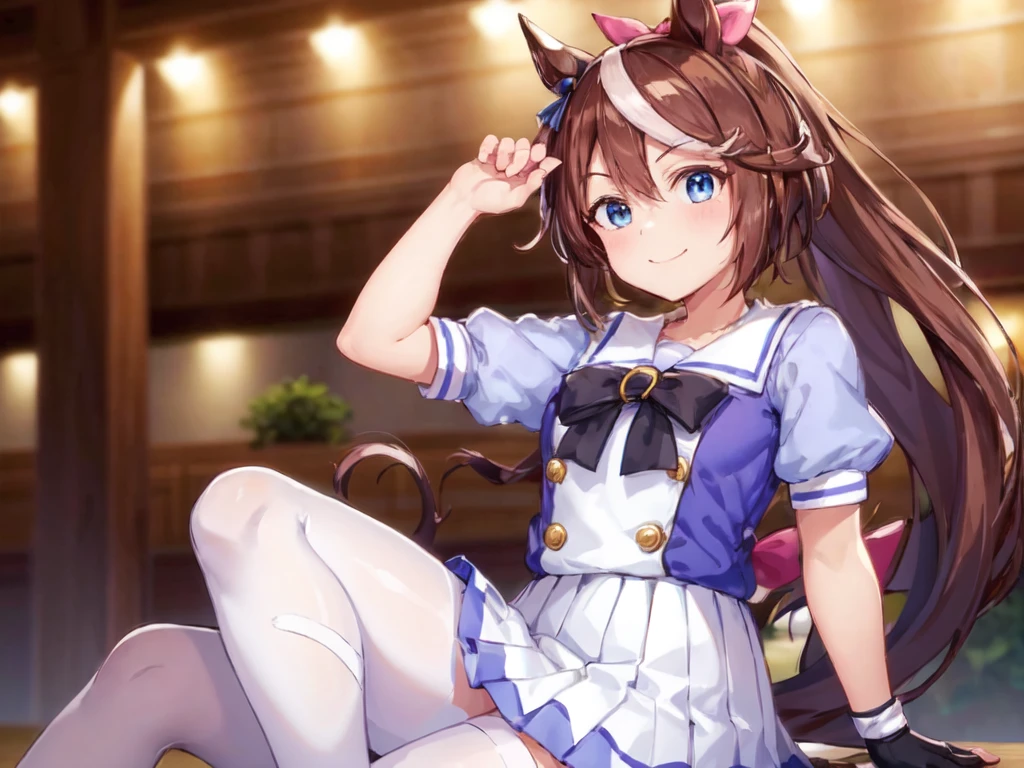 masterpiece, Highest quality, Seductive pose, Full-body wide-angle, smile, (Sitting:1.1) ,Ichiraku Ramen, (Eat ramen:1.0), Holding chopsticks and a ramen bowl, Sip the noodles,, Silence Suzuka (umamusume), Black gloves, White Skirt, Pleated skirt, Black Pantyhose, Layered sleeves, Puff short sleeves, Short or long sleeves, Black Bow, festival,