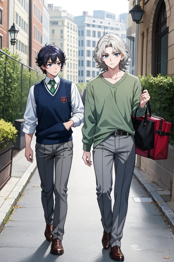 Masterpiece Best Quality, a boy walking,this is ruby she has short wavy book hair, blue eyes not so big bushy eyebrows, He is wearing a green sweater and gray pants., He looks like Zeke Jaguar ,