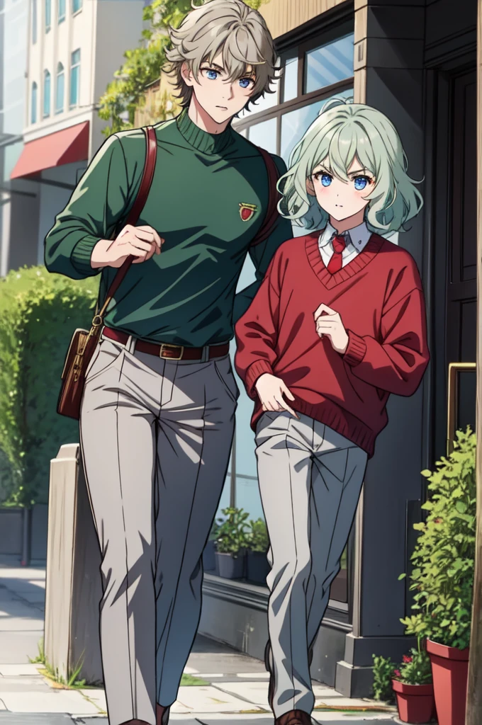 Masterpiece Best Quality, a boy walking,this is ruby she has short wavy book hair, blue eyes not so big bushy eyebrows, He is wearing a green sweater and gray pants., He looks like Zeke Jaguar ,