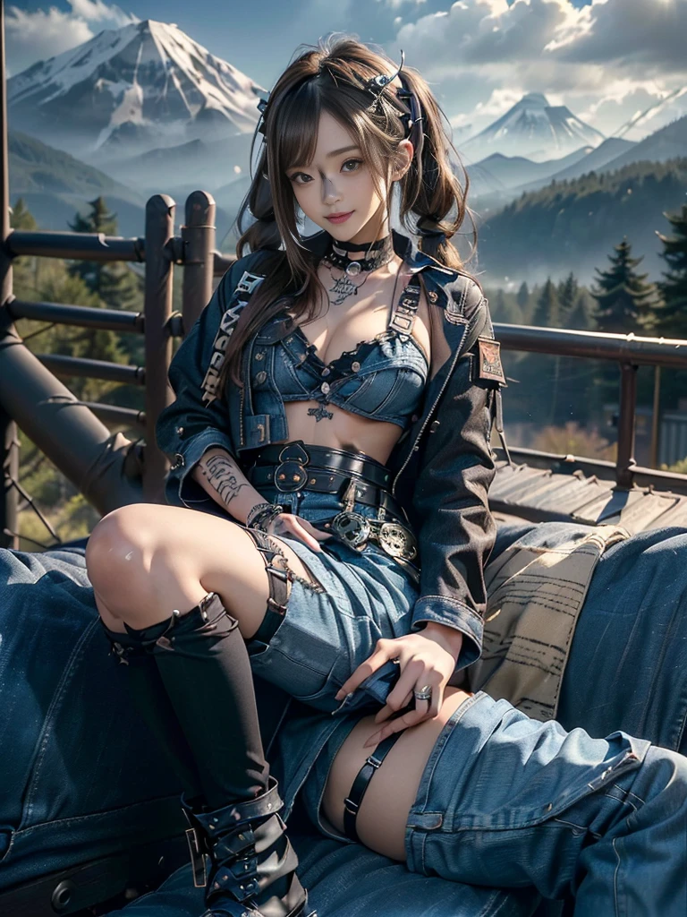 (Full Body View:1.3)、(Beautiful lips and nose:1.4)、(Long eyelashes:1.4)、(Side view:1.1)、(Smiling with teeth showing:1.3),(Shibuya Gal:1.5)、(Gothic ta delicately decorated dress:1.5)、(Tattered denim and black punk rock cargo pants:1.5)、(Denim and black navy skull mark small jacket:1.4)、(denim garter belt:1.5)、(Black and denim knee socks:1.3)、(Skull Silver Accessories:1.5)、(Denim collar:1.3)、(Brown Skin Belt:1.4)、(Brown boots:1.2)、(The underwear is striped:1.4)、31 years old、((Highest quality、In 8K、masterpiece:1.3))、Sharp focus:1.2、(Layered Cut、Huge boobs:1.1),Beautiful woman with perfect figure:1.4、(Dancing vigorously:1.3)、Slender Abs:1.2、Highly detailed face and skin texture、Detailed eyes、double eyelid,(Twin tails:1.3)、(Brown-golden hair:1.3)、Gravure idol、(The background is a vast mountain with a clear view々Beautiful luxury resort destination in Europe:1.3)、(Slim body:1.2),(Make your legs thinner:1.4),(clavicle:1.1)