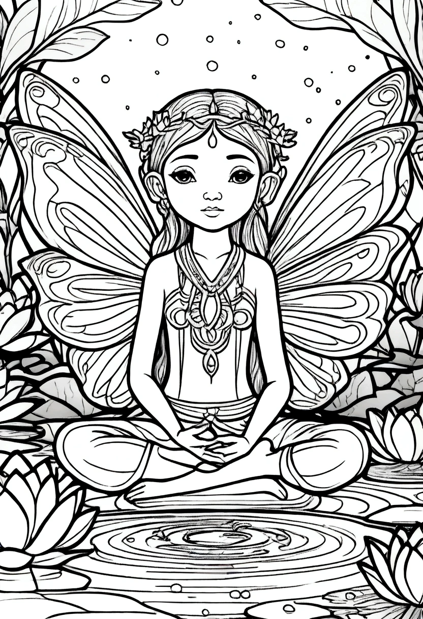 (A black and white coloring book:1.5), A serene fairy meditating on a lotus flower in a tranquil pond, clean line art, white background, colouring page, clean outline