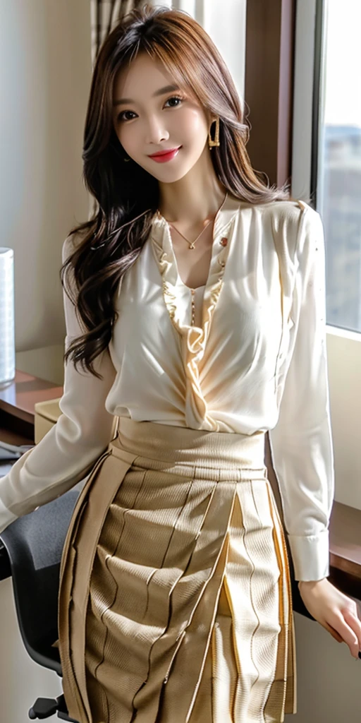 Photorealistic:1.3, masutepiece, Best Quality, ((1 beautiful woman)), ((FULL BODYSHOT)),((Full body)),((Brown-colored super long hair)),((Loosely curled hair)),((White blouse)),((White pleated skirt)),In my room at home、Standing and smiling and looking at you、japanes, Office Worker, Smiling, Slender Abs, medium chest, Gold Necklace, ((Checked pleated skirt:1.2)), Standing next to an office chair, Beautiful long legs, (Full body), Beautiful face, Beautiful eyes, Detailed face, Detailed eyes, in a office, 8K resolution、FULL BODYSHOT