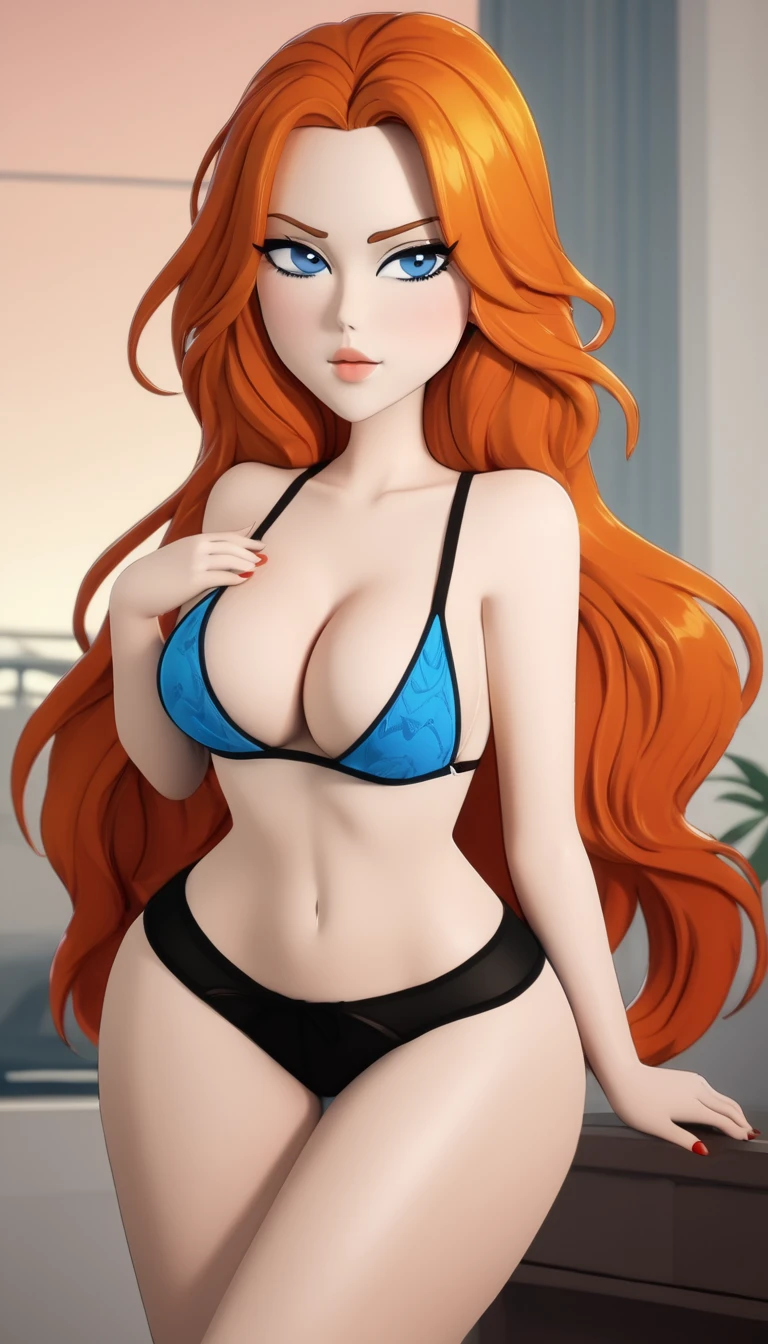 A Sexy girl big breast sensual beautiful long orange hair her blue eye she wears red black bra and a black thong black heel