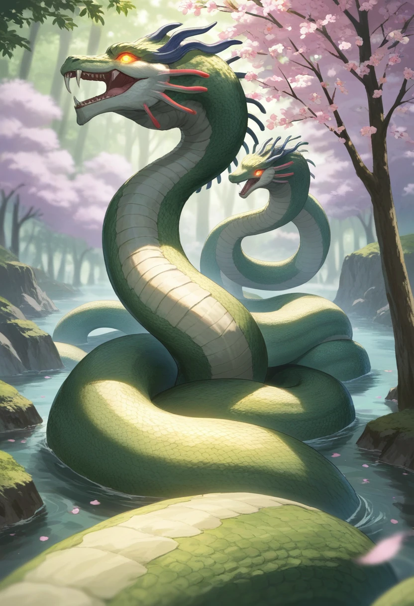 score_9,score_8_up,score_7_up,source_anime,cowboy shot,Idealized Forms,Natural Light,details background,blurry background,extremely detailed,yamatanoorochi,Illustrate Yamata no Orochi, the legendary eight-headed and eight-tailed serpent from Japanese mythology. Each of its eight heads should have menacing, glowing eyes and sharp, venomous fangs, with expressions of both wrath and cunning. Ensure all eight heads are distinctly visible, weaving and twisting in different directions. The creature's massive, serpentine body is covered in dark, shimmering scales that reflect an eerie, otherworldly light. Picture Yamata no Orochi towering over a mist-shrouded, ancient Japanese landscape, with its eight heads emerging from the body in a coordinated yet chaotic manner. The setting should include a dense, mystical forest with elements like towering bamboo, ancient trees, and cherry blossoms, creating a stark contrast to the serpent's terrifying presence. Emphasize the mythical, awe-inspiring nature of this fearsome beast, ensuring the viewer can clearly see all eight heads