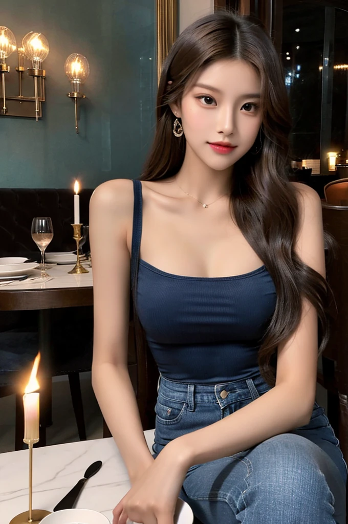Generate an image of a breathtaking 20-year-old Asian woman whose beauty is comparable to a goddess of the fire element. She has large brown eyes, dark brown hair, radiant skin, and an appealing look. Dressed in a stunning top and blue skinny jeans, she is seated elegantly at a romantic dining table. The ambiance is intimate with soft lighting, candles, and a beautifully set table.