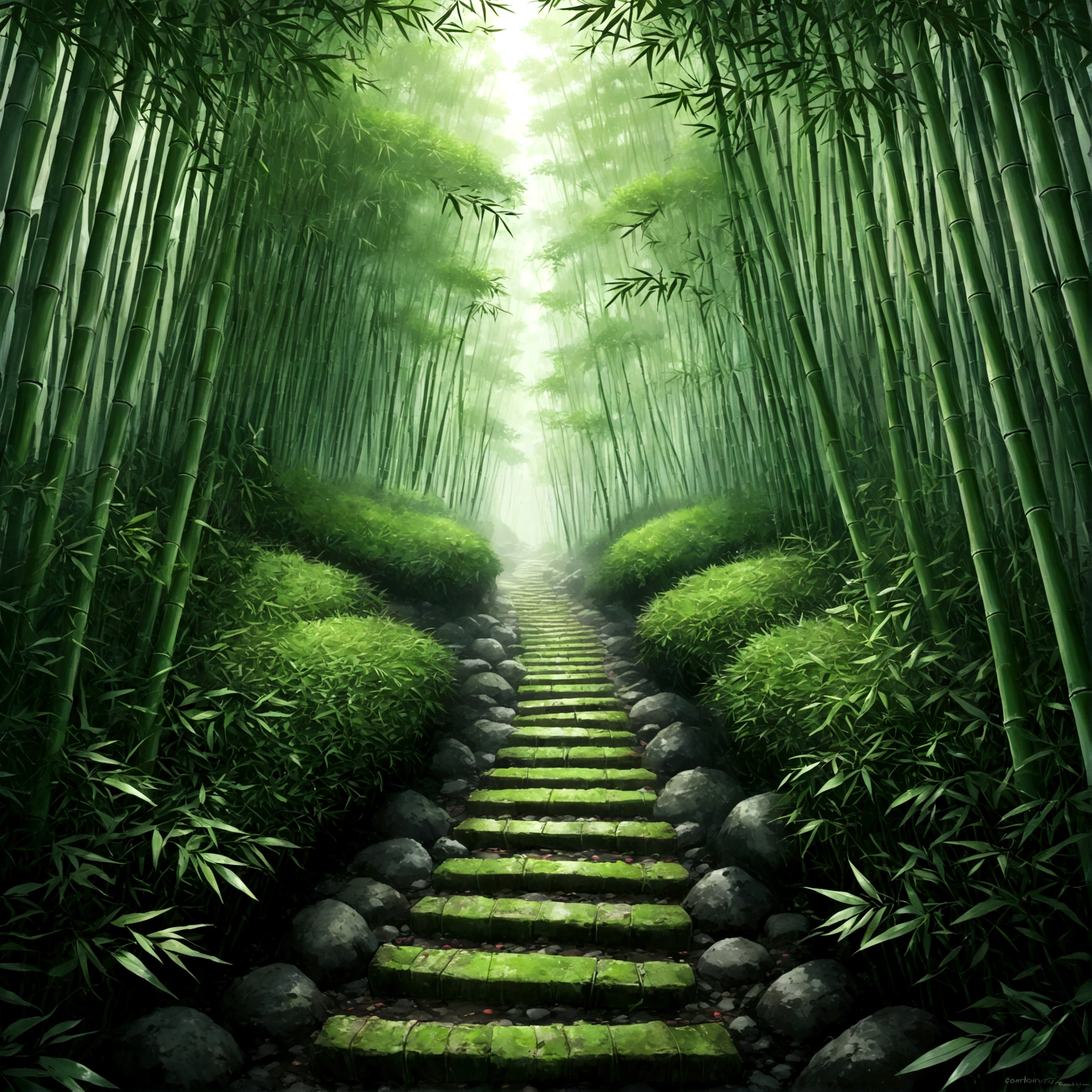 Beautiful game world,Fantasy,Furai no Shiren,bamboo forest,Dungeons,First Person View,dim,Damp air,Cool, chilly air,Silence,The occasional rustling of bamboo leaves can be heard.,An eerie sound echoing in the distance,anxiety,Tension,Tall bamboo,The dark shadows cast by the leaves overhead,Mossy cobblestones underfoot,Slippery footing,The smell of damp earth,The faint smell of blood,The corner in front of me,Fear of the Uncertainty,There's a hint of something lurking