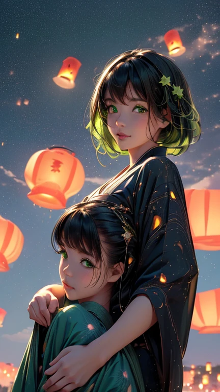 nsfw, Masterpiece, top quality, highly detailed, (Photorealistic style:1.4), Chiaroscuro style, backlighting, 2 girls, A lesbian couple in yukata, (Hug from behind, and put hand on lips, bust shot:1.6), looking at the camera with a smile, (A close-up of their beautiful faces,  green eyes:1.8), (Lots of fireworks all over the sky, Many Lanterns floating in the sky, big shining milky way:1.4),