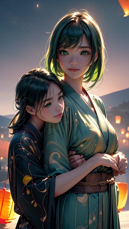 nsfw, Masterpiece, top quality, highly detailed, (Photorealistic style:1.4), Chiaroscuro style, backlighting, 2 girls, A lesbian couple in yukata, (Hug from behind, and put hand on lips, bust shot:1.6), looking at the camera with a smile, (A close-up of their beautiful faces,  green eyes:1.8), (Lots of fireworks all over the sky, Many Lanterns floating in the sky, big shining milky way:1.4),