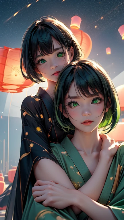 nsfw, Masterpiece, top quality, highly detailed, (Photorealistic style:1.4), Chiaroscuro style, backlighting, 2 girls, A lesbian couple in yukata, (Hug from behind, and put hand on lips, bust shot:1.6), looking at the camera with a smile, (A close-up of their beautiful faces,  green eyes:1.8), (Lots of fireworks all over the sky, Many Lanterns floating in the sky, big shining milky way:1.4),