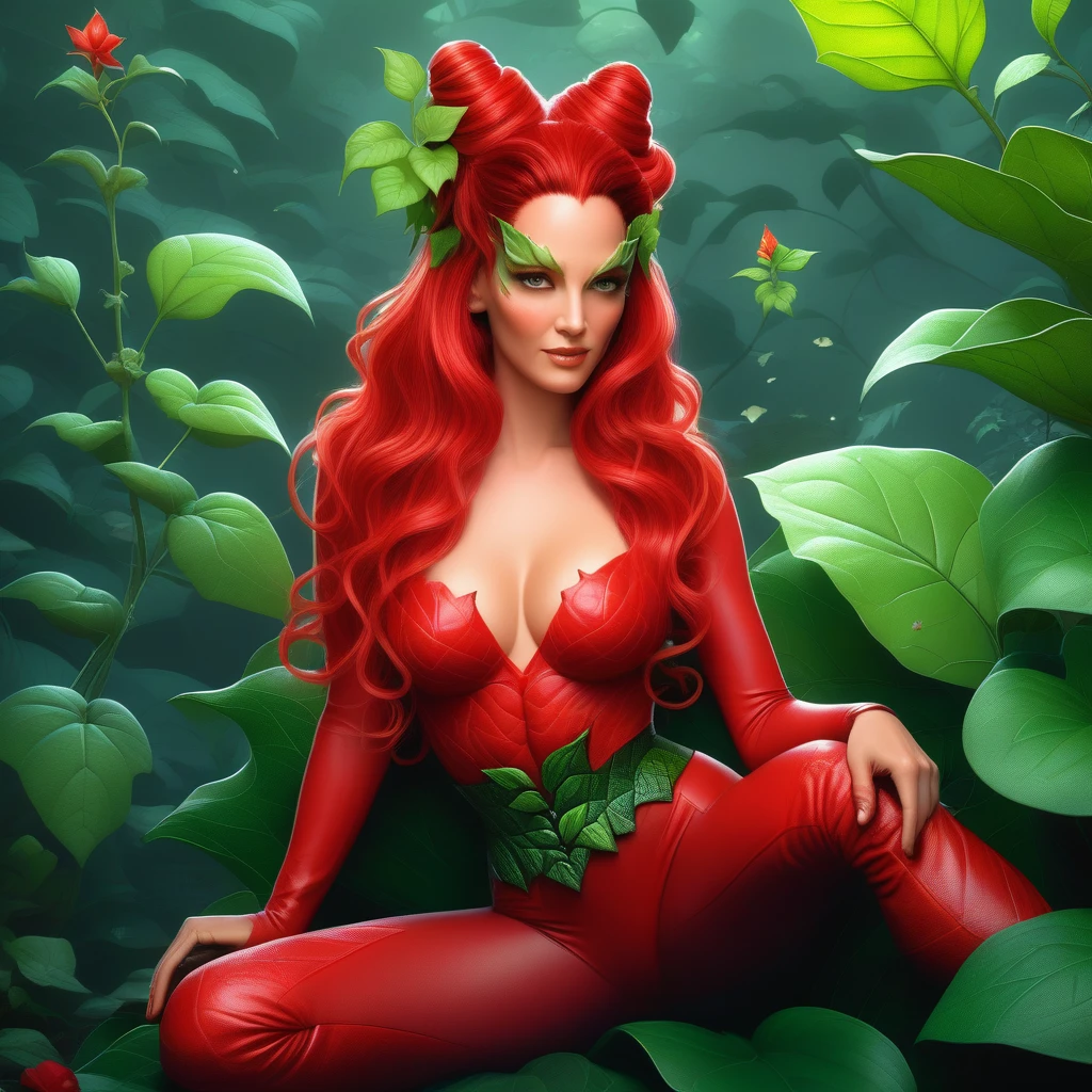 Ultra realistic extremely beautifully detailed 8k picture of 1 gorgeously cute and cool woman uma poison ivy with wavy hair pulled back into two tall curly hair buns sitting in giant Venus flower . , Red outfit lingerie robe, extremely detailed eyes mouth and facial features, gorgeous breathtaking composition and epic cinematic lighting