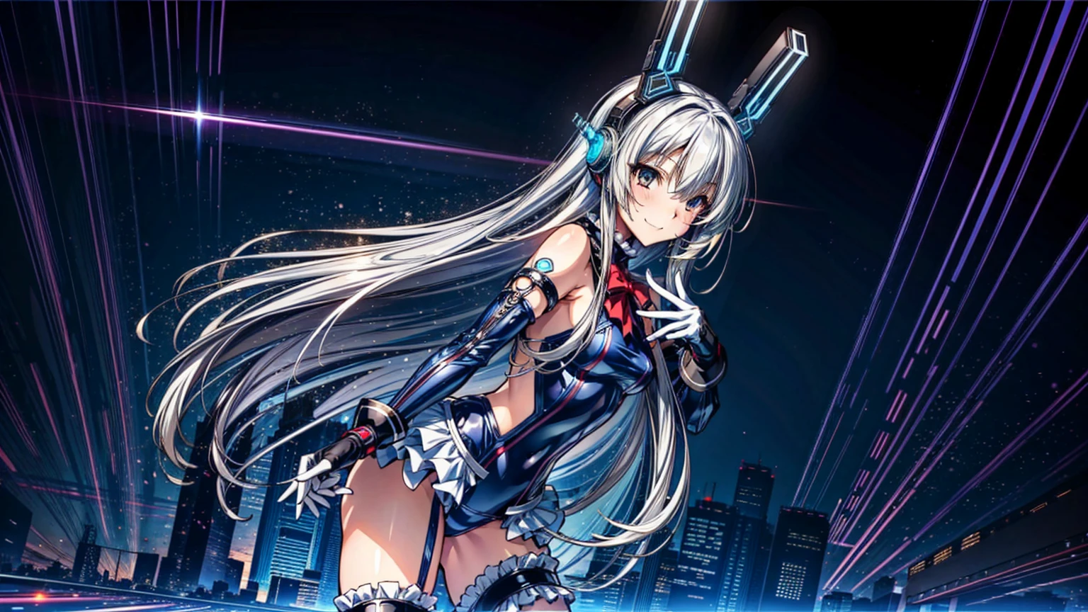 finest masterpiece, Super detailed, Highest quality, Sharp focus, 12k, ultra hi resolution picture, big ,12k,Perfect Anatomy, Highest quality, Marie Rose,Wicked Smile,Provocative attitude
,,evil Smile,Anime Style,(Frilled swimsuit, Knee socks, Removed sleeve), (Anime Style:1.4) ,
,(White fingers:1.1,Black gloves),
Hollow Eyes,,One Girl、(cyber punk:1.4),,(Very long hair:1.6),(whole body:1.3),
Silver Hair,(Full Face Headgear:1.6),Are standing,Neon Light,From the side,Dynamic Na-Angle