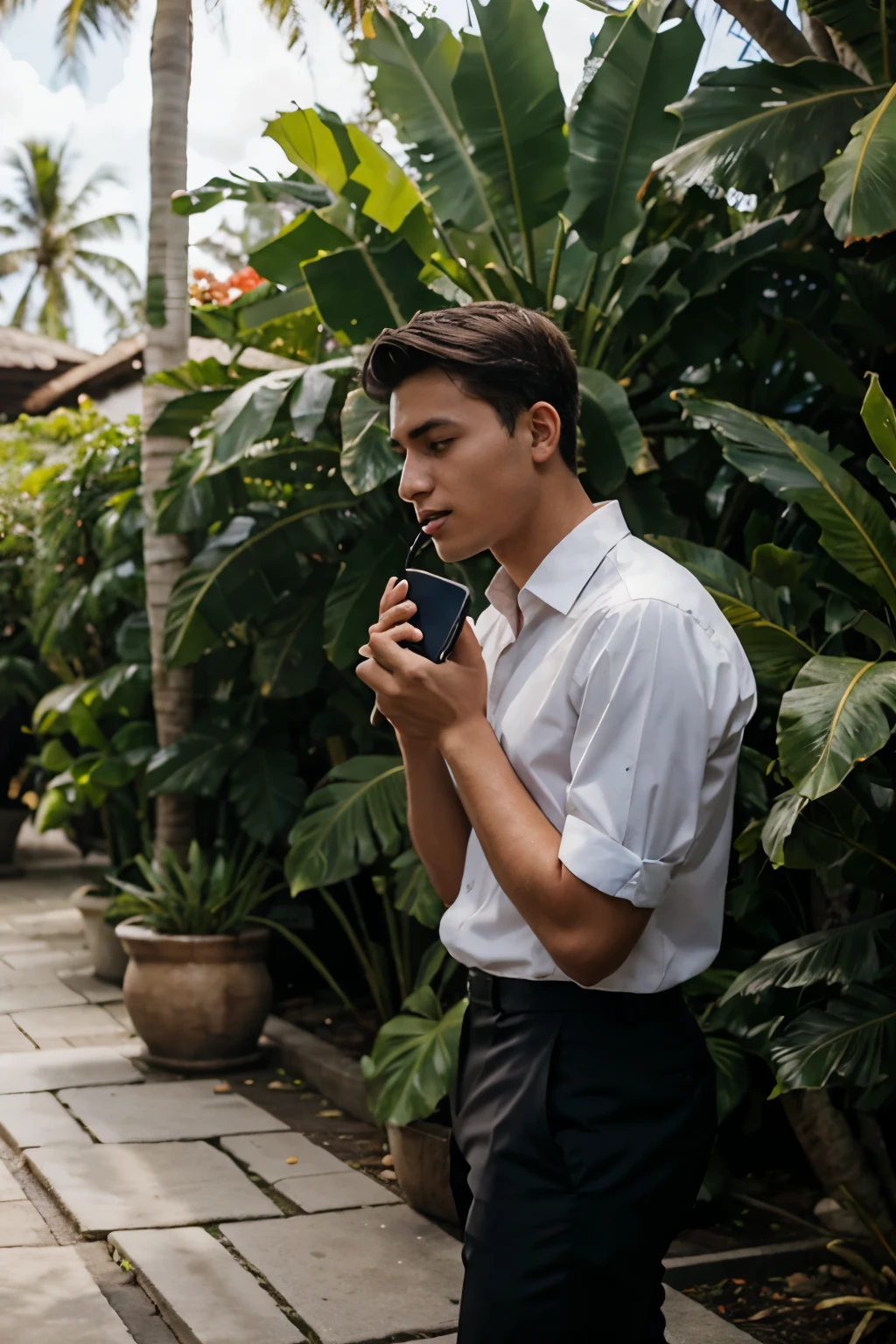Young businessman talking on the phone outdoors in a tropical country  