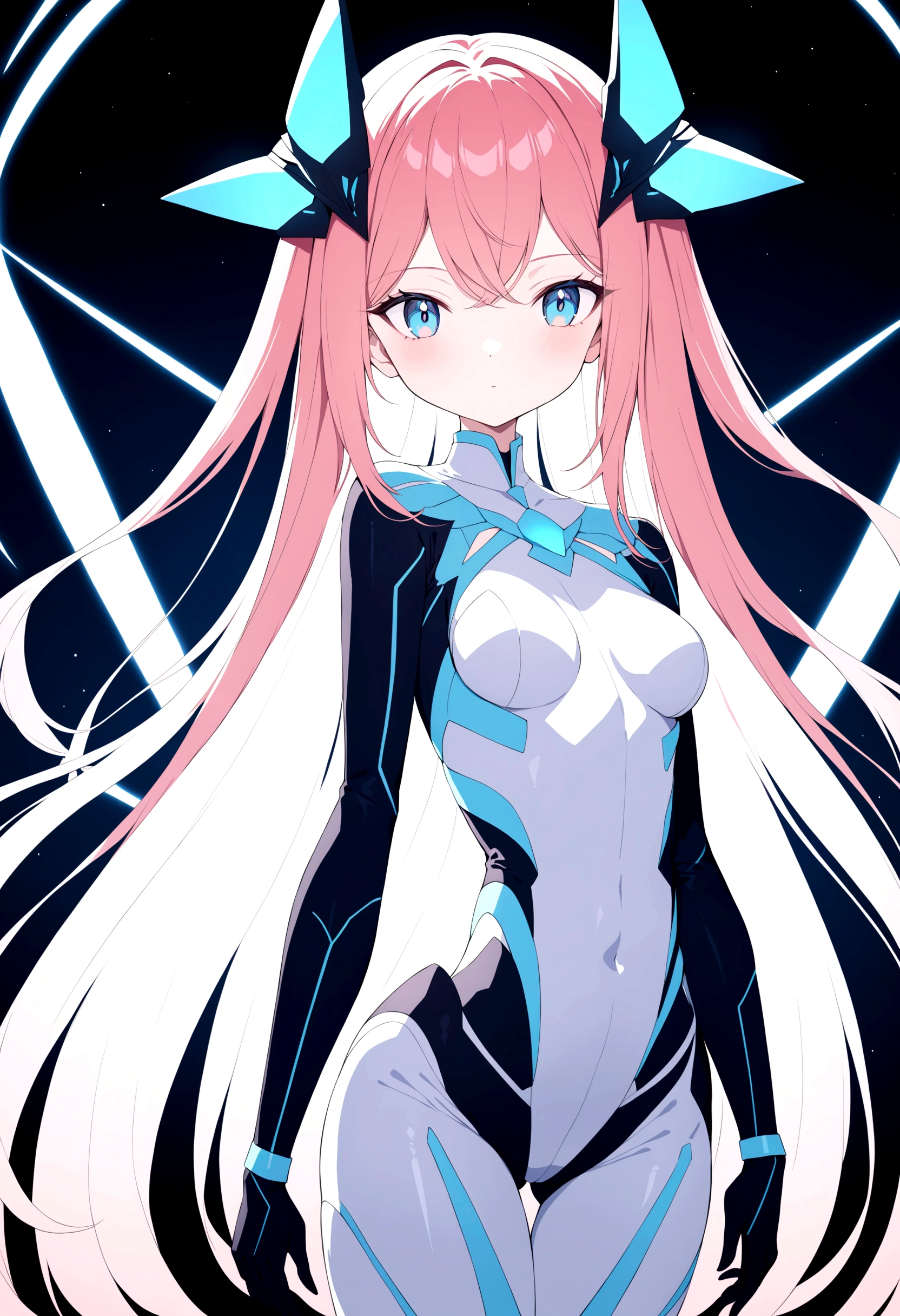 a futuristic magicalgirl, red long hair, blue eyes, wearing a tight fitting high detailed clearly futuristic magicalgirl outfit