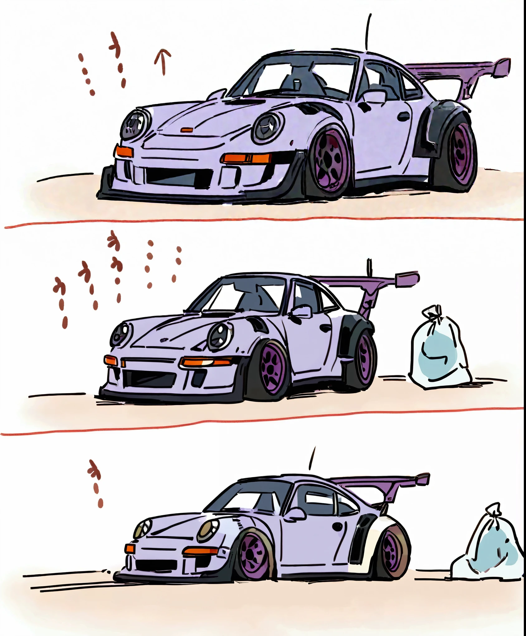 Navy blue
Porsche 911 rwb, wide body, sketch,
cartoonish, comic strip, rendering, purple wheels, bagged, slammed to the ground, empty parkinglot, style dessin manga, couleur