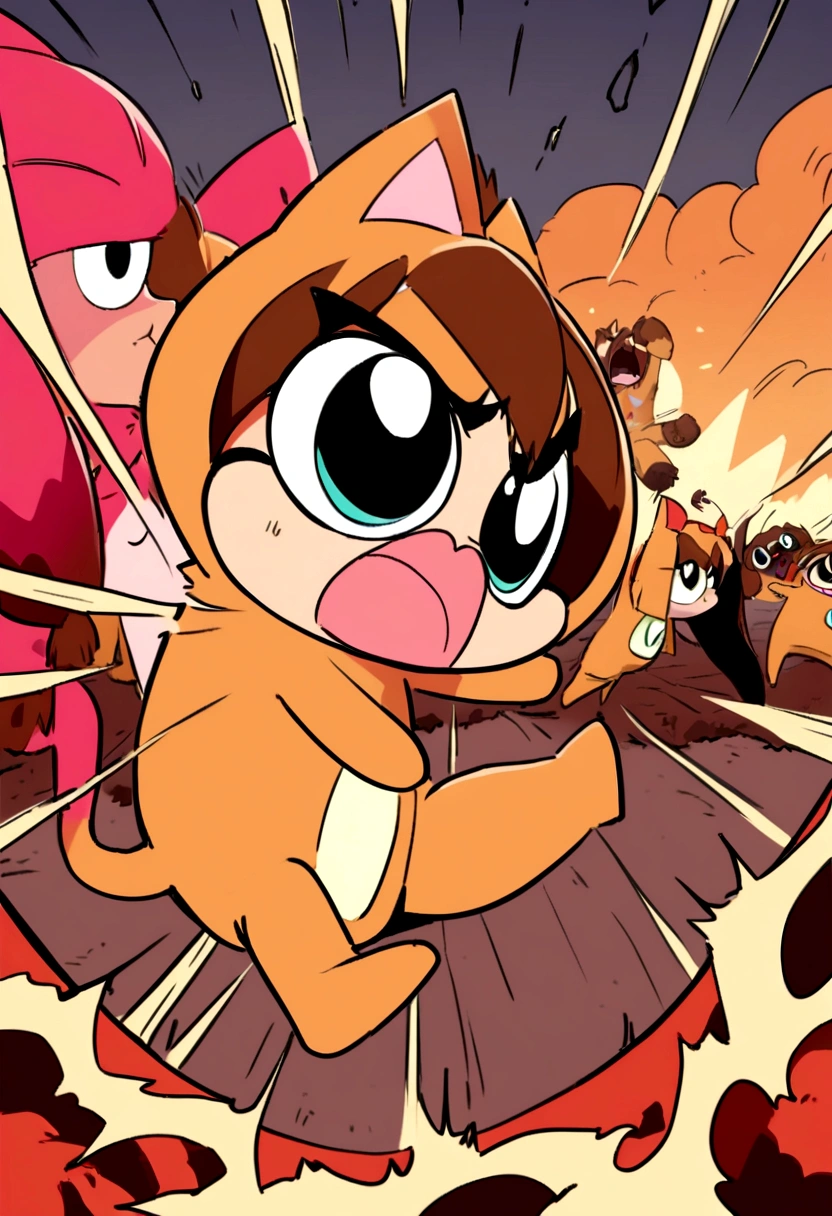 Adult Powerpuff Girls. Cat Costume. Battle in the volcano. A crazy monkey is hitting them