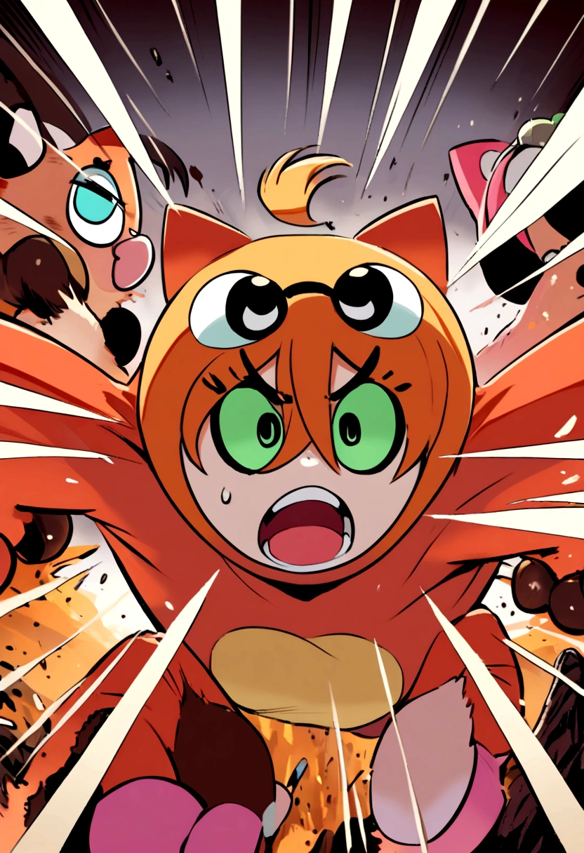 Adult Powerpuff Girls. Cat Costume. Battle in the volcano. A crazy monkey is hitting them  