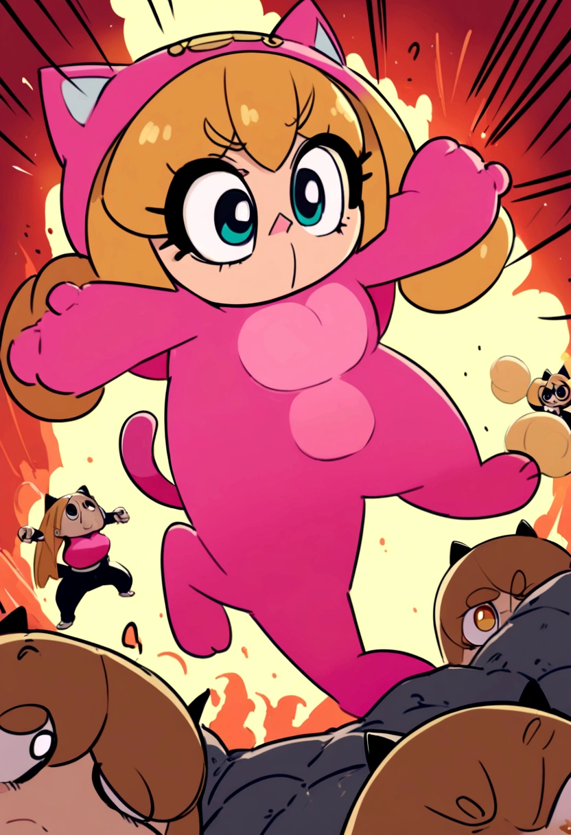 Adult Powerpuff Girls. Cat Costume. Battle in the volcano. A crazy monkey is hitting them  