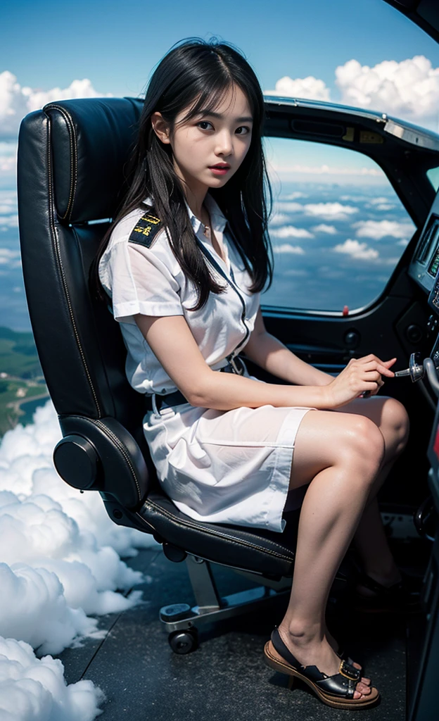 (Piece Fly), (Very detailed), (masterpiece), one example, (女飞行员在侦察机Inside the cockpit), (airplane cockpit), (In flight), (10,000 feet above sea level)、(Sky Landscape)、(Above the clouds)、(Radar), (Practical), (Wearing aviators&#39;), (Hold the joystick and control), (With communication intercom), Subtle and natural lighting effects, Optimize equipment details、(1 girl) , (Military pilots), ()、Inside the cockpit , (Patrol aircraft cockpit), Sitting in the cockpit looking forward, Operation joystick、 (Shiny Metal:1.1), Lots of buttons、dial、Surrounded by games, 8k wallpaper, advanced, (Sophisticated design),