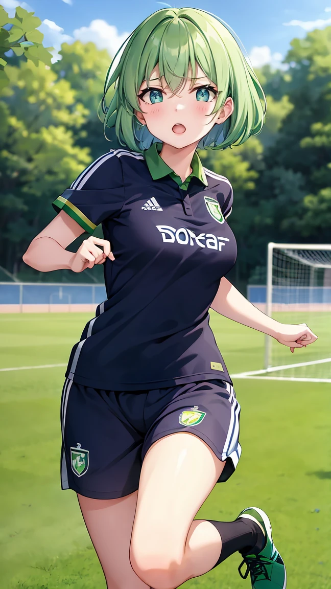 Girl with short green hair, Small size breasts,、Green Eyes, 、,Full body photo from head to toe、soccer player、Soccer uniforms、、Uplifting、Run in、Super Play、Shoot the soccer ball towards the goal、Hot Scene、Serious、