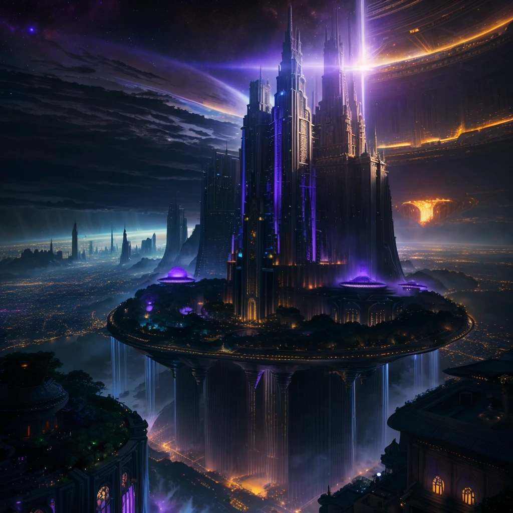 A huge fantastical sci-fi city, aether city, floating aerial metropolis,Skyscrapers、Huge construction,Super huge waterfall,Super huge temple,Super huge torii,mysterious,Fantasy, towering skyscrapers, massive waterfall, celestial planets in the sky, surrounded by clouds, cosmic architecture, violet energy scars around, central massive castle, astral sky