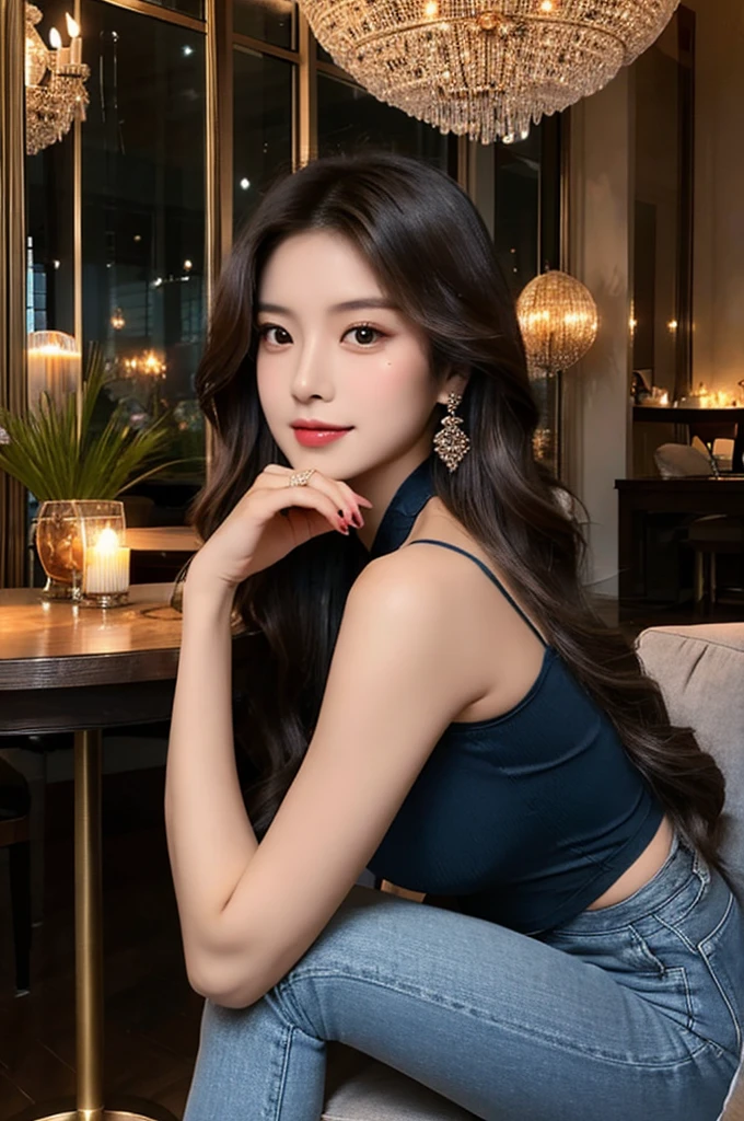 Generate an image of a breathtaking 20-year-old Asian woman whose beauty is comparable to a goddess of the fire element. She has large brown eyes, dark brown hair, radiant skin, and an appealing look. Dressed in a stunning top and blue skinny jeans, she is seated elegantly at a romantic dining table. The ambiance is intimate with soft lighting, candles, and a beautifully set table.