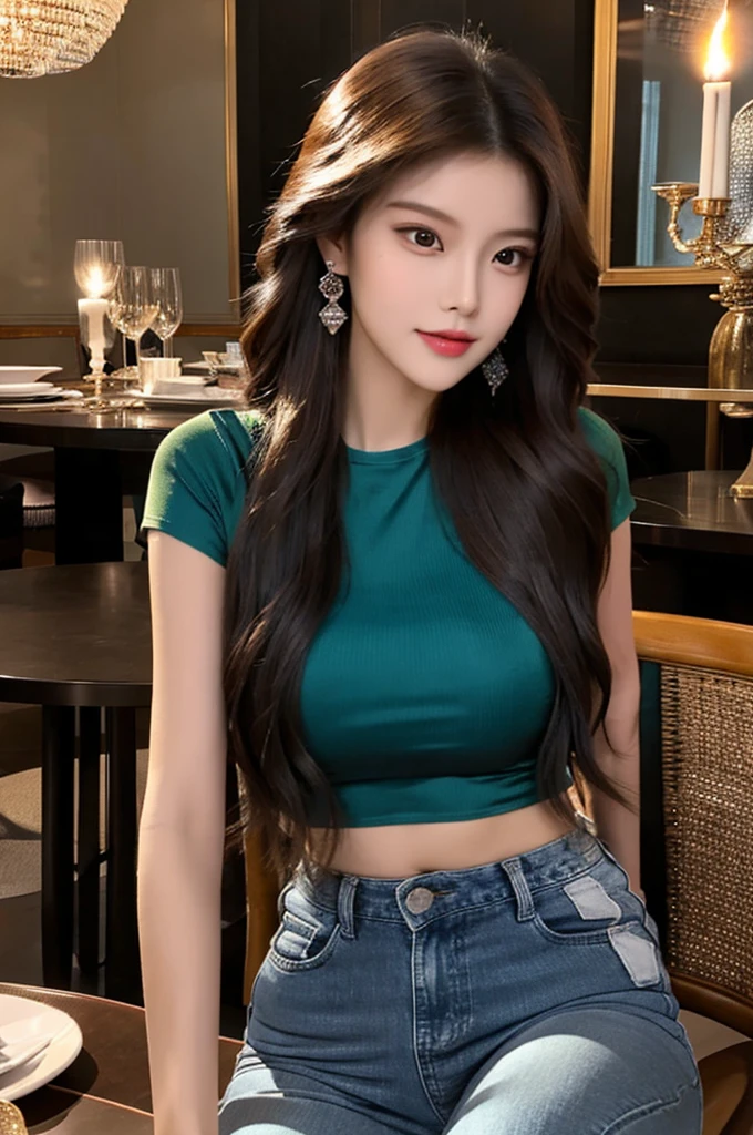 Generate an image of a breathtaking 20-year-old Asian woman whose beauty is comparable to a goddess of the fire element. She has large brown eyes, dark brown hair, radiant skin, and an appealing look. Dressed in a stunning top and blue skinny jeans, she is seated elegantly at a romantic dining table. The ambiance is intimate with soft lighting, candles, and a beautifully set table.