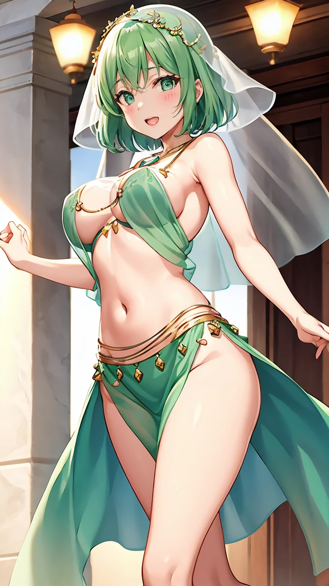 Girl with short green hair, Small breasts, Green Eyes, White Casual Wear Beauty Special、((((tits)))),Full body photo from head to toe、Belly dance、Dancer、National costume、See-through、Angle Shot、Decoration、Luxury accessories、Face Veil、Dancing by rotating on one foot、