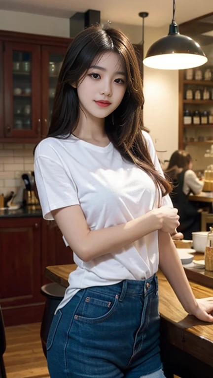 1 Girl,Cafe,Soft Light,Chinese Beauty,Tight Fit,Short sleeve,Dark-haired,long hair