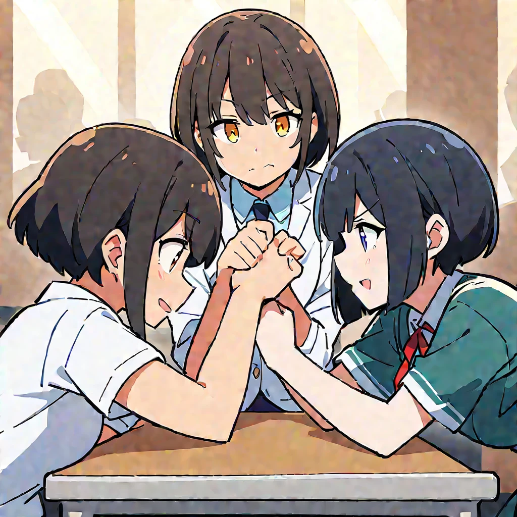 (Highest quality、masterpiece、High resolution、detailed)1 Girl、(Black Hair、short hair:1.2)、(high school student、uniform)、(Arm wrestling with friends:1.3)、Brave look、School classroom、(Highest quality、masterpiece、High resolution、detailed)Anime Style、Flat Style、(Shining Eyes、detailed美しい顔),