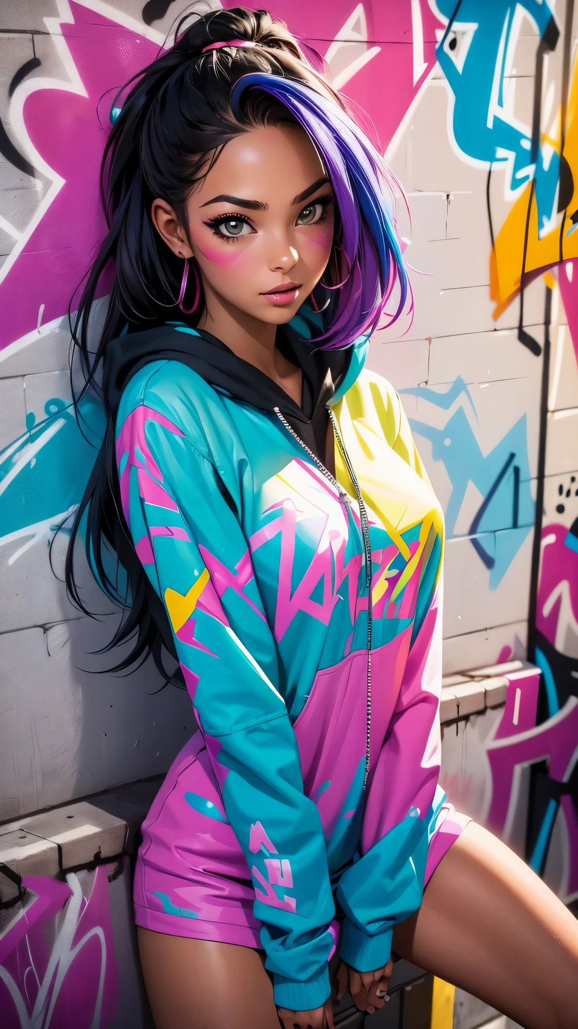 (best quality), (high detail), (vivid colors), (graffiti style), (freestyle), (Close up), (1girl), young sexy female graffiti artist, spraying graffiti on a wall painted with street art, HDR, 8K, 3D, graffiti art style.