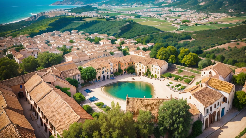 Beautiful scenery of ancient Spanish village. Aerial view. Photorealistic photos. High definition