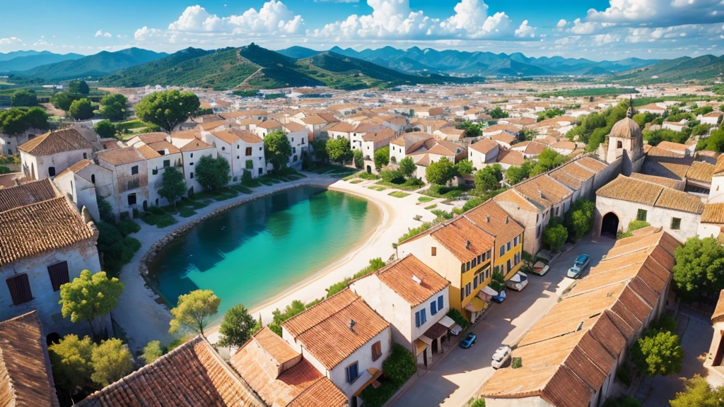 Beautiful scenery of ancient Spanish village. Aerial view. Photorealistic photos. High definition