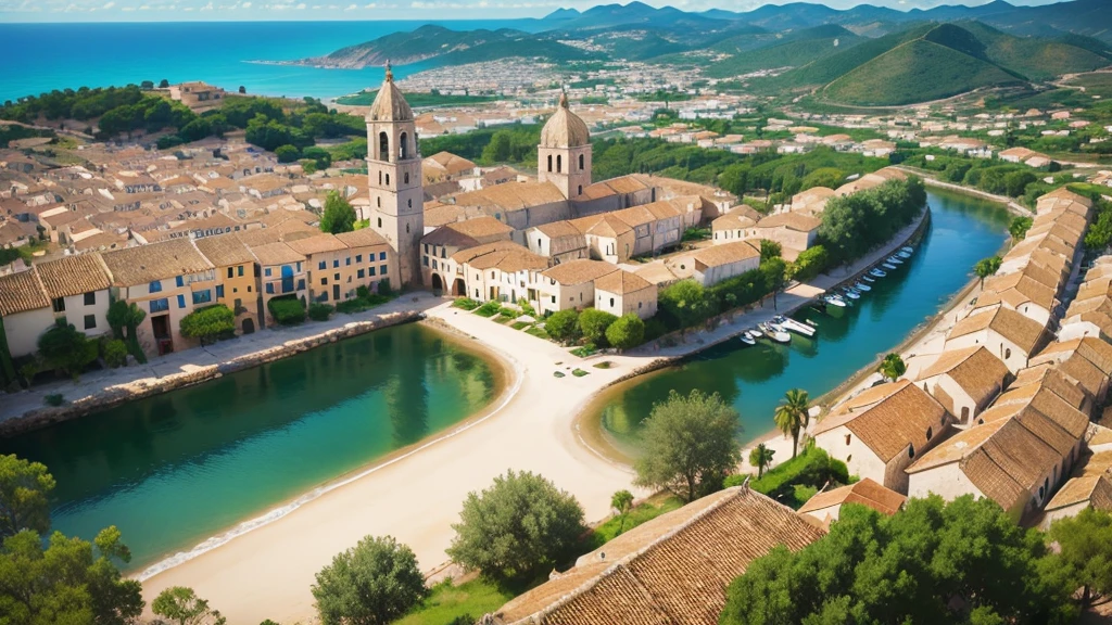 Beautiful scenery of ancient Spanish village. Aerial view. Photorealistic photos. High definition