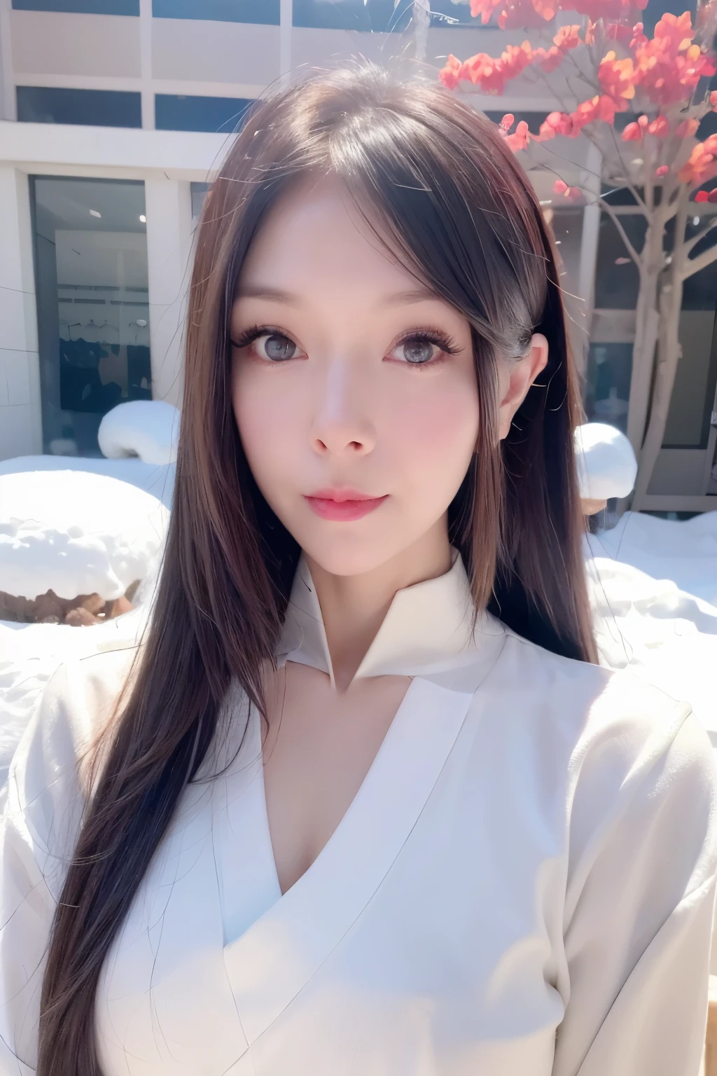 A portrait of a girl,Upper Body,in an Oriental Artistic style,Exuding temptation,girl,(Oriental Art),attractive appearance,expressive eyes,Subtle background,Bright environment,Chinese,Typing art background,Realistic style,Reality,photo,Texture,Skin streaks,whole body,Snow Scene,