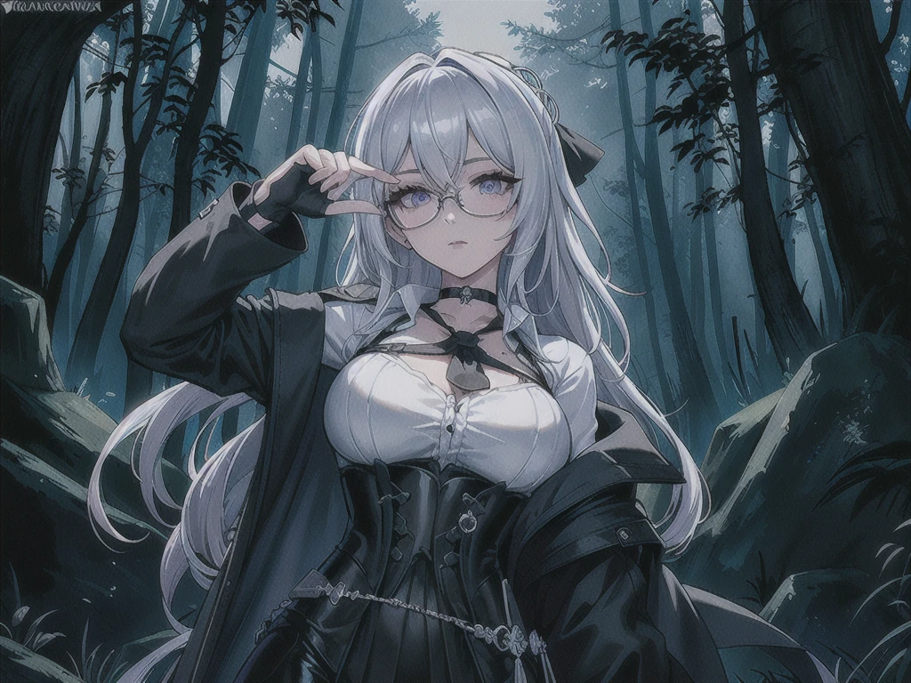 Masterpiece, Beautiful art, professional artist, 8k, art style by sciamano240, rostro de Bronya Zaychik, detailed body, Very detailed face, very detailed eyes, Detailed clothing, detailed fabric, Best Quality, better resolution, 1 girl, front view, big breasts, serious expression, at night , silver hair, glasses, choker:1.6, (long sleeve white collar buttoned shirt), (shiny black corset), black gloves covering your hands, (shiny black leggings), looking at the viewer, dark forest, Atmosphere, fog, at night