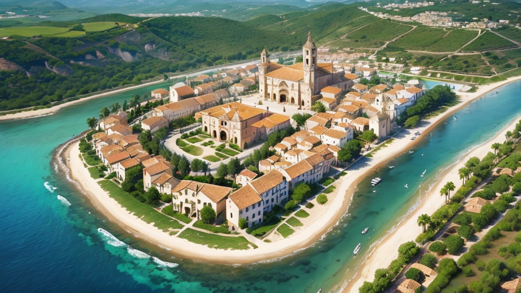 Beautiful scenery of ancient Spanish village. Aerial view. Photorealistic photos. High definition
