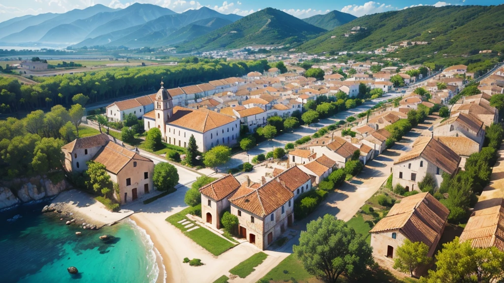 Beautiful scenery of ancient Spanish village. Aerial view. Photorealistic photos. High definition
