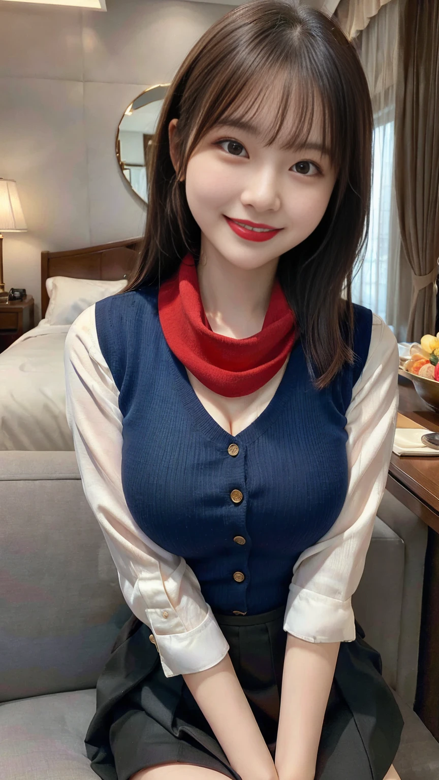 Highest quality, masterpiece, Ultra-high resolution, (Realistic:1.4), Voluptuous,Beautiful woman,(Shortcuts),((Big Breasts)) ,Beautiful Skin, Fine skin, 魅惑的なsmile, Background blur, smile, (She is wearing a dark blue vest over a white blouse:1.5), The vest has three gold buttons, (Wearing a red scarf around her neck)、(Knee-length dark blue skirt)、(Black pumps:1.5)、(Red lipstick:1.1)、(smile:1.3)、Luxury hotel suite