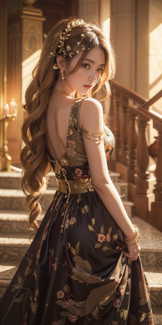 Beautiful Japanese Waifu, luxury silk dress, golden olive branch hair decoration, golden necklace, golden bracelets, in a palace stair case