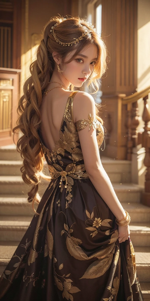 Beautiful Japanese Waifu, luxury silk dress, golden olive branch hair decoration, golden necklace, golden bracelets, in a palace stair case