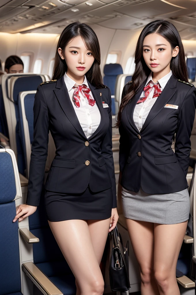 1 woman, 40 years、overly detailed face、detailed lips、eye for detail、double eyelid、(black bob hair、Like an airplane stewardess々do a good job)、(stewardess uniform:1.2)、(glamorous body)、(huge breasts)、laugh、thighs thighs thighs thighs, perfect fit, Perfect image realism, background: (Business class aisle on airplanes:1.2), cowboy shot, 심층적인 background, detailed costumes, perfect reading、surrealism、(realistic:1.4)、8K maximum resolution, (masterpiece), very detailed, professional