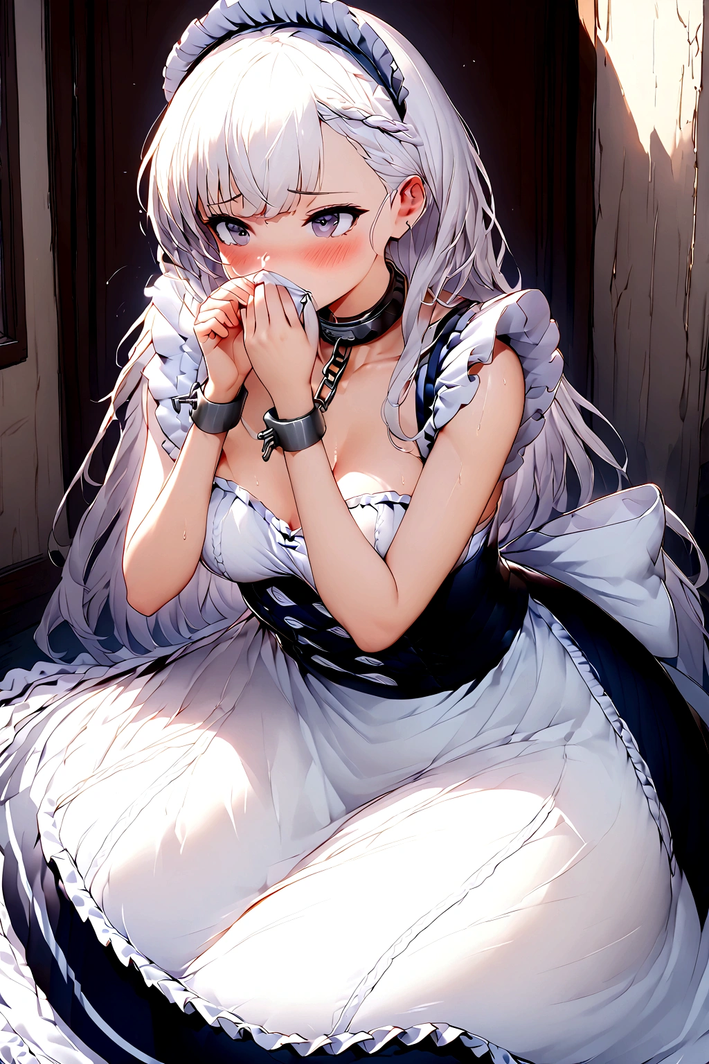 Anime. Azur Lane. 1 girl. Belfast. Housemaid. Slave. Slave collar. Shackles. Maid uniform. Cold. Runny nose. Nasal mucus. Snot. Sneezing. Heat. Heat. Fever. Sneeze. Sneeze standing. Sneeze snot. Snot flows from the nose. Itchy nose. Wants to fix it. I have to sneeze. She sneezed. Snot flew out of her nose. Snot flows from her nose after sneezing. Embarrassment. Blush. Handkerchief. He sneezes, covering his nose with his hand. Blows his nose. Clumsy. Virgin. Period. Standing. Full height. Full body. NSFW. Sneeze fetish. Ultra detail. 8k. Wax permit. Excellent quality.