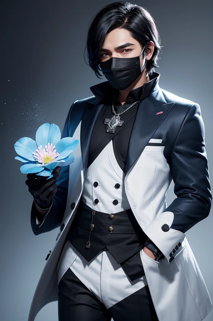 Male free fire game characters black hair with blue black mask white suit with a pink flower