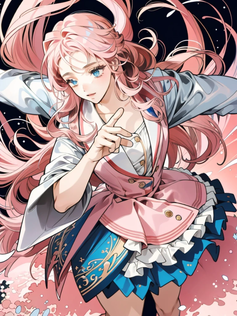 ((work of art:1.2, best qualityer)), ultra detaild, Ultra-precise representation, Ultra-detailed representation, (tangle:1.2), (dynamic pose), (abstract background:1.5), longwavy hair, pink hair, 1 girl, colorfully, portraite, (From above:1.2)