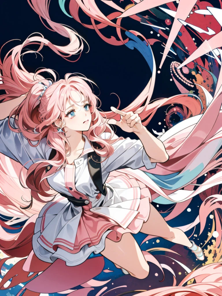 ((work of art:1.2, best qualityer)), ultra detaild, Ultra-precise representation, Ultra-detailed representation, (tangle:1.2), (dynamic pose), (abstract background:1.5), longwavy hair, pink  hair, 1 girl, colorfully, portraite, (From  above:1.2)