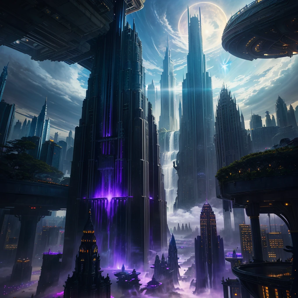 A huge fantastical sci-fi city, aether city, floating aerial metropolis,Skyscrapers、Huge construction,Super huge waterfall,Super huge temple,Super huge torii,mysterious,Fantasy, towering skyscrapers, massive waterfall, celestial planets in the sky, surrounded by clouds, cosmic architecture, violet energy scars around, central massive castle, astral sky