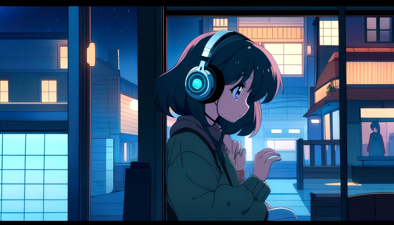 ((Highest quality)), ((masterpiece)), 2D, High resolution, building，Coffee shop，Medium shot scene, night,  Anime girl wearing headphones looking out the window at the city, Lo-fi Girl, Anime atmosphere, Lofi Artstyle, Anime Style 4K, Anime Aesthetics, Nightcore, Lo-fi feel, Lofi Art, anime art wallpaper 4k, anime art wallpaper 4k, anime wallpaper 4k, anime wallpaper 4k, Lo-fi atmosphere