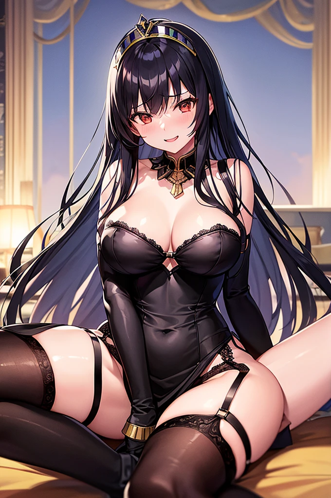 ((Highest quality)),((Anime illustration)) ,【One girl,One boy(men and women)】,Red Moonlit Night、In a hotel bed,Beautiful night view, 【Browsing Caution】【One boy】【penis】,((Black-haired Cleopatra)),(Good elevator),Beautiful black lingerie,(Mini tight skirt),((Gorgeous big breasts shining)),Lace Top Stockings,Knee-high boots,garter belt,Long satin gloves,(Laughing with your fingers),Crossing your legs,Condescending look,Provocative pose,Sexy Body
